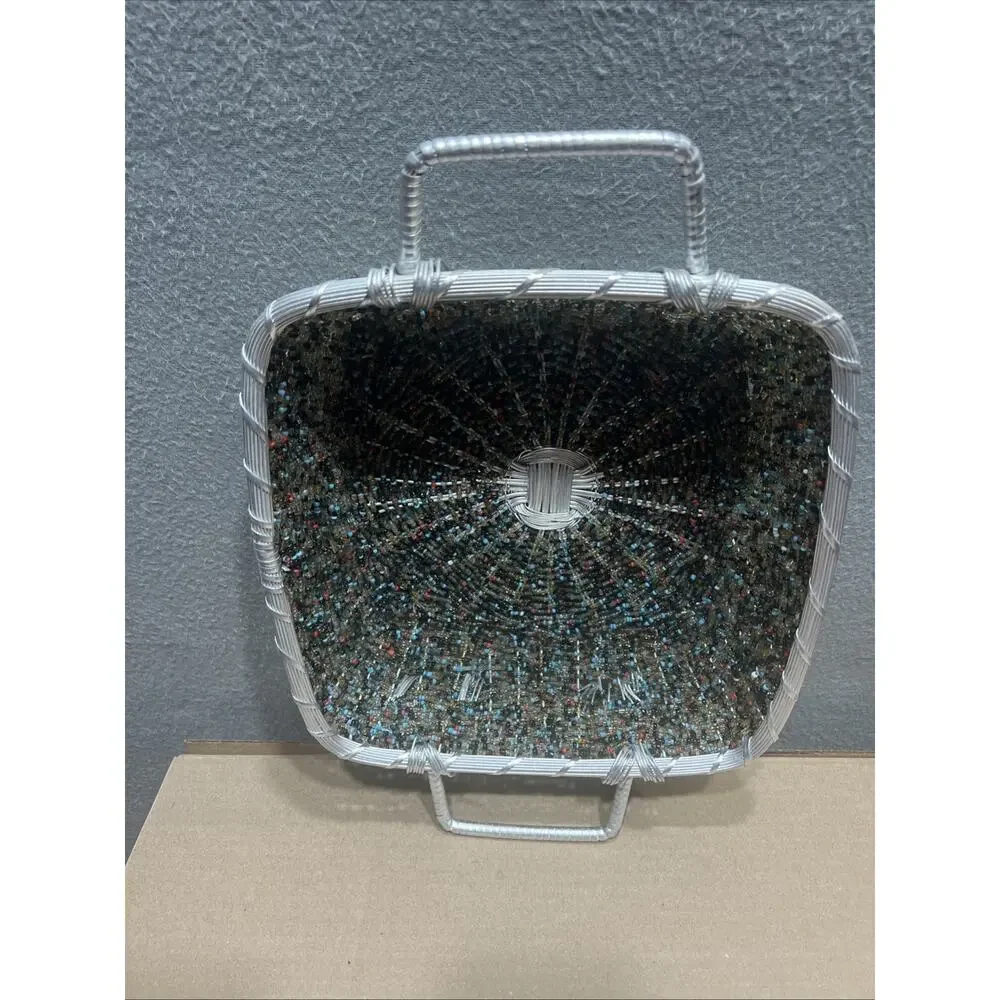 Beautiful Tray Multi Bead Art Silver Metal Woven Basket Made In India Set Of 2
